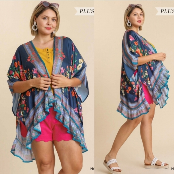 Umgee Satin Border Print Short Sleeve Open Front Kimono main image 1